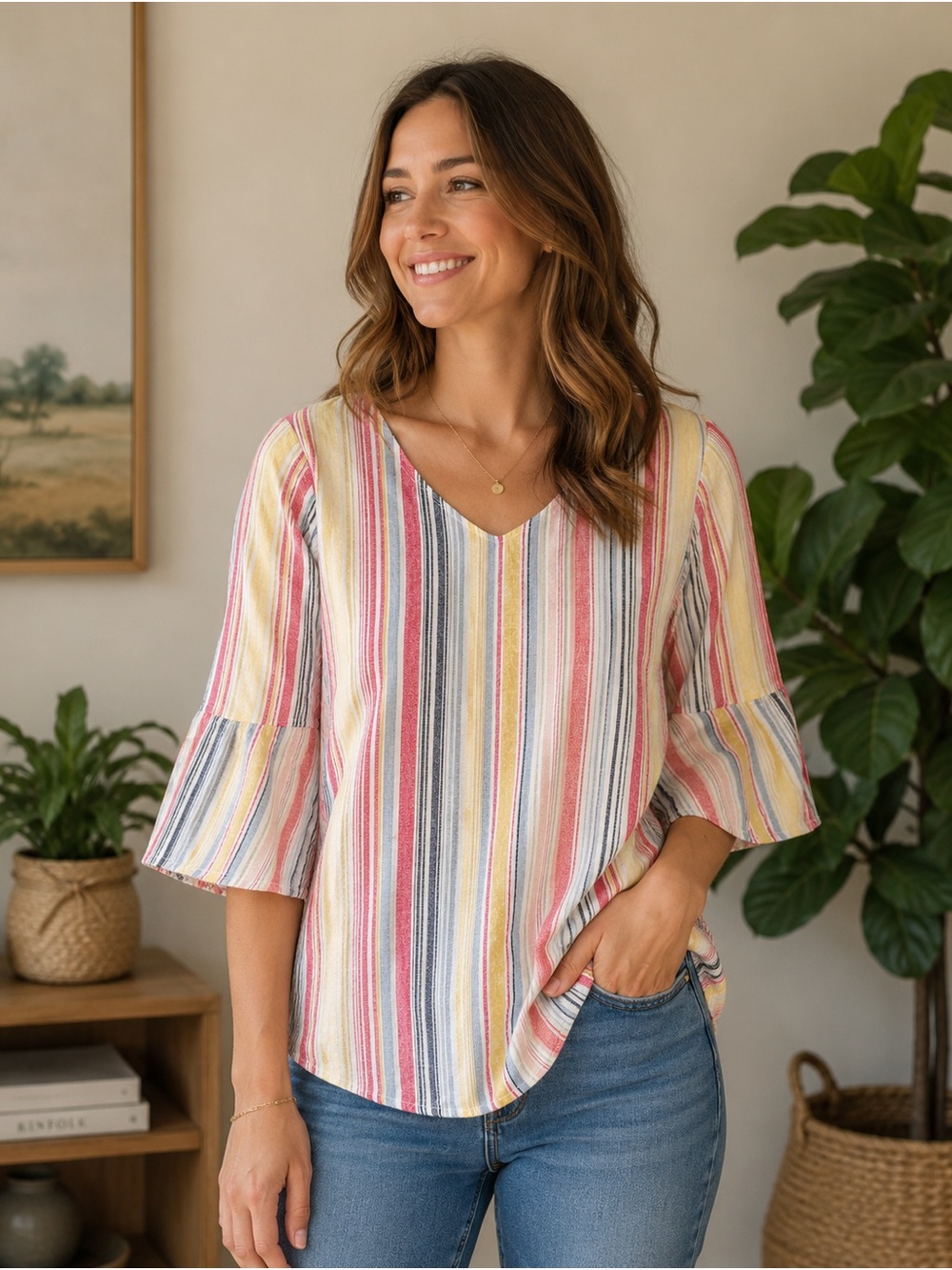 Chloe+Rene Linen Blend Striped V-Neck Ruffle Sleeve Blouse XXL